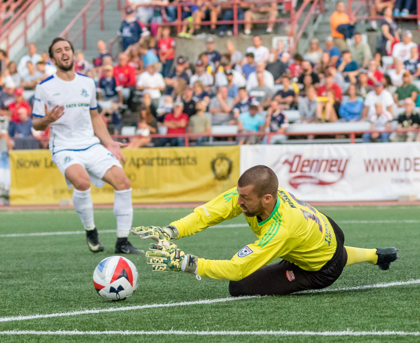 Soccer goalkeeper diving for a ball on a field with spectators in the stands.